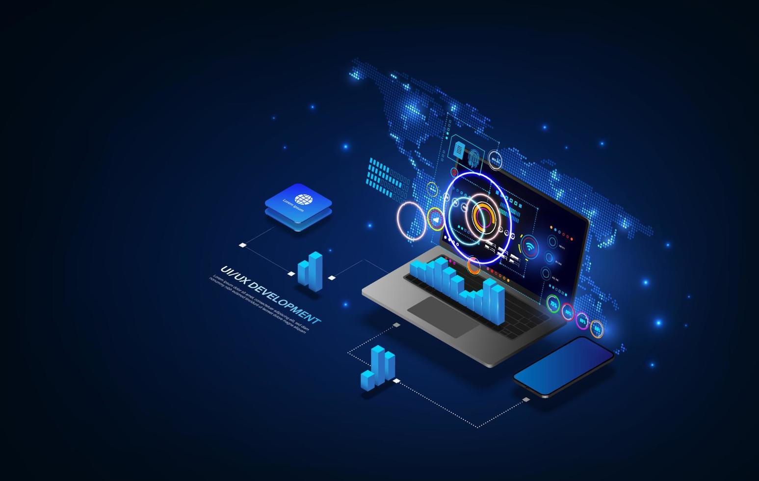 6363343 web development and coding cross platform development website adaptive layout internet page or web interface on screen laptop tablet and phone vetor